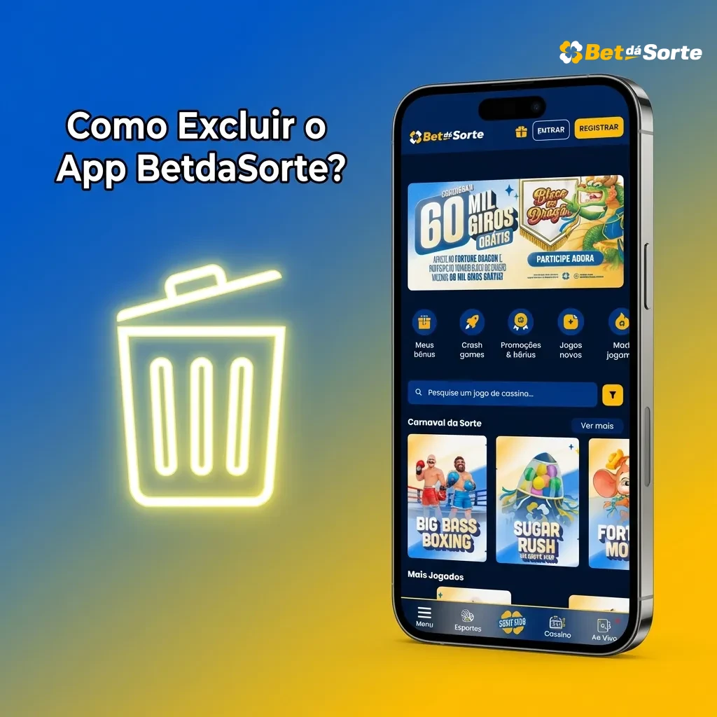 Smartphone mostrando o ícone do aplicativo BetdaSort sendo arrastado para a opção de desinstalar na tela do celular.