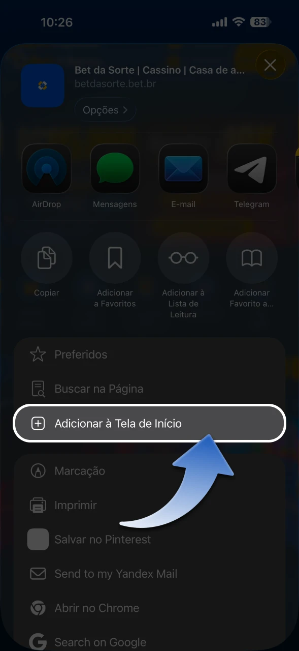 Toque em Adicionar à tela inicial para adicionar o ícone do aplicativo BetdaSorte.