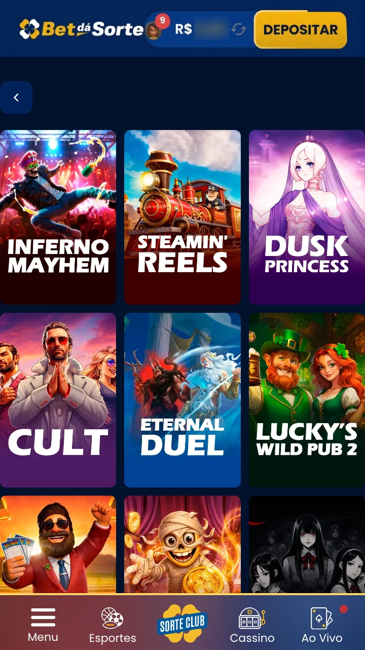 Navegue pelas categorias de jogos de cassino no BetdaSorte.