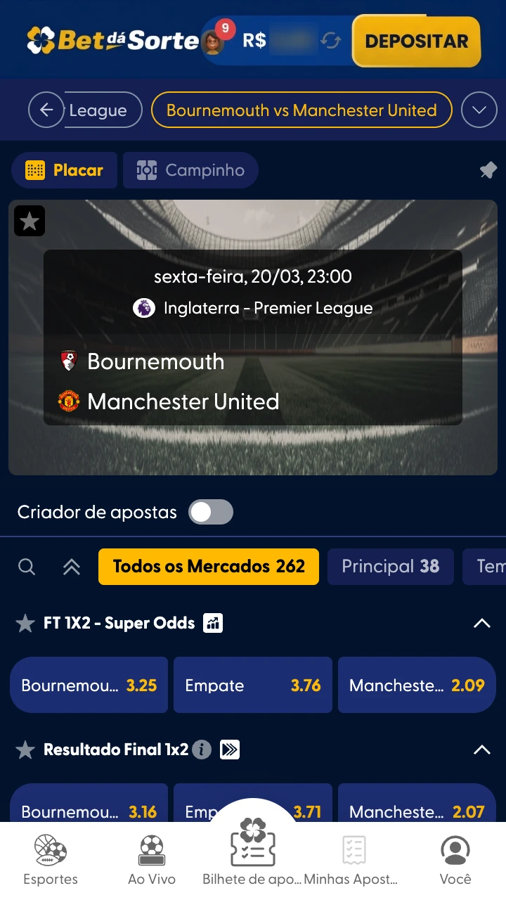 Escolha uma partida de futebol e um mercado para apostar na BetdaSorte.