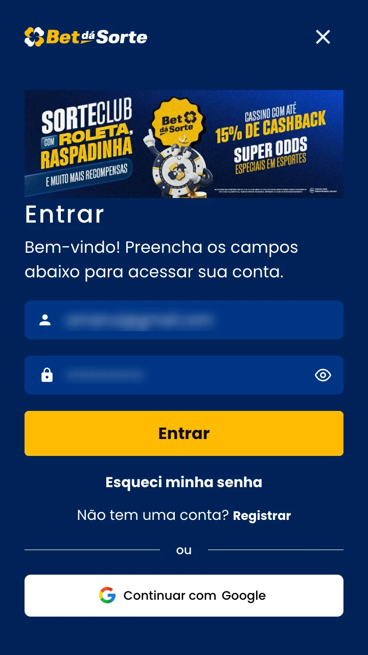 Insira seu e-mail e senha para acessar sua conta BetdaSorte.