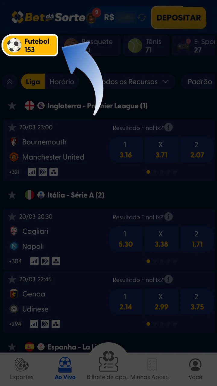 Acesse a seção de futebol no site da BetdaSorte.