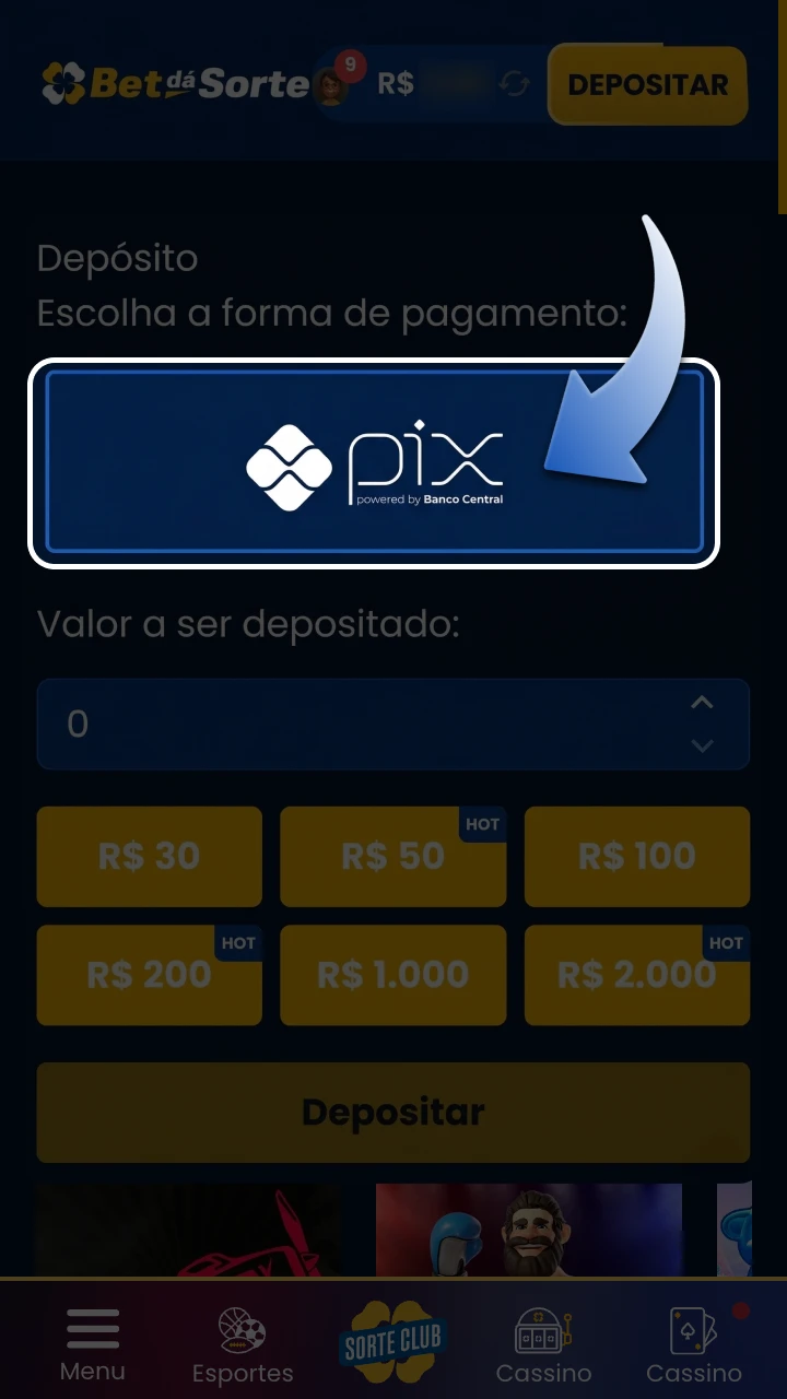 Escolha seu método de pagamento na plataforma BetdaSorte.