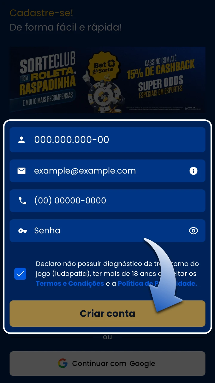 Crie sua conta na plataforma de cassino BetdaSorte.
