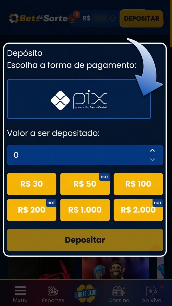 Faça seu primeiro depósito na plataforma BetdaSorte.