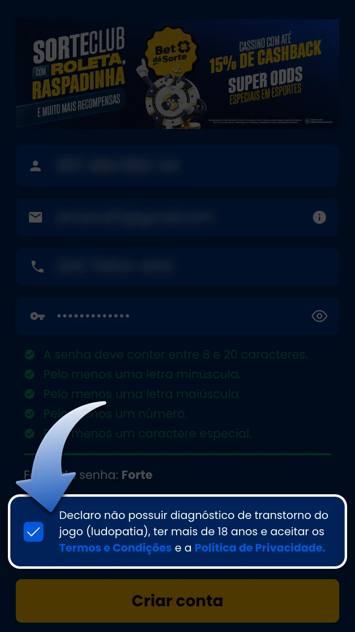 Marque a caixa para concordar com as regras da plataforma BetdaSorte.