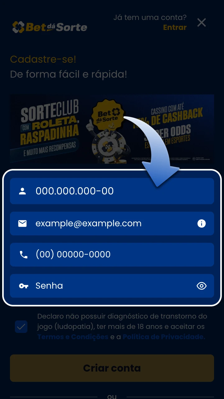Preencha suas informações pessoais no formulário de cadastro da BetdaSorte.